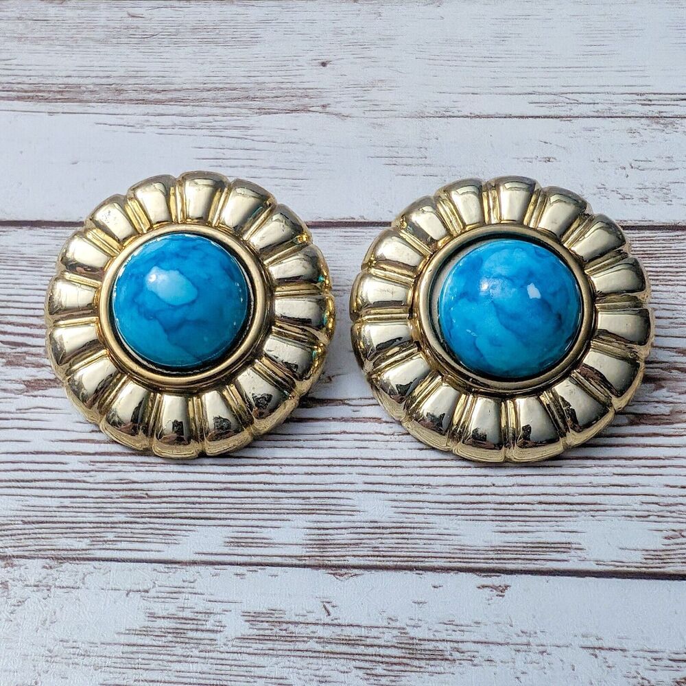 Vintage Clip On Earrings 1 & 5/8" Gold Tone and Marbled Blue Statement Large